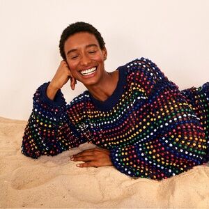 FARM Rio Navy Open-Knit Sweater with Multicolor Pom-Poms